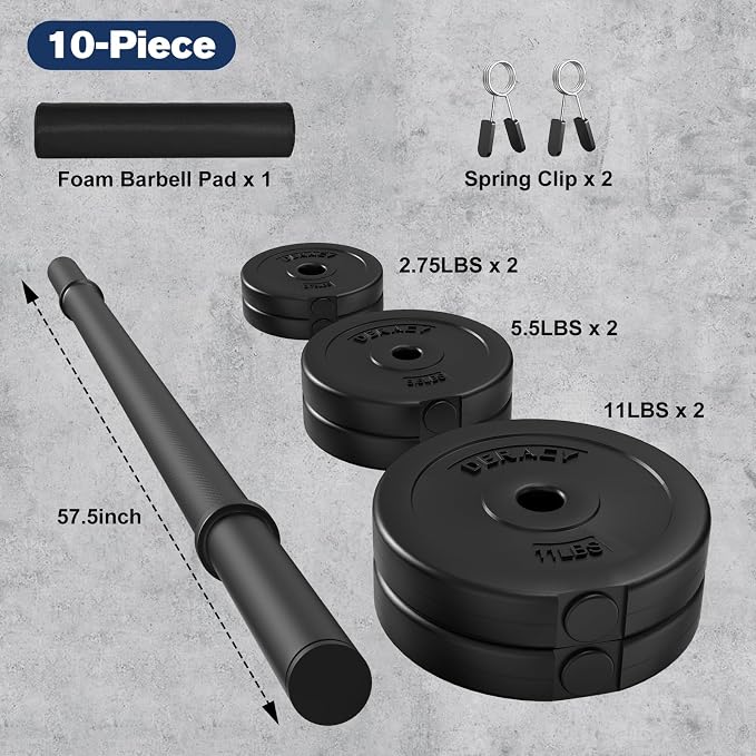 DERACY Barbell Weight Set, 43lbs Barbell Set Adjustable Olympic Weights, 6 Plates, 57.5 Inch Bar & Thick Foam Shoulder Pad, for Home Gym, Exercise, Lifting, Body Fitness, Workout to Build Muscle