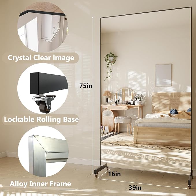 Extra Large Full Body Floor Mirror with 360° Lockable Wheels, 75*39 Inch Super Lightweight Glassless Shatterproof Surface, Rolling Full-Length Mirror for Yoga, Dance Studio, Home Gym, Black