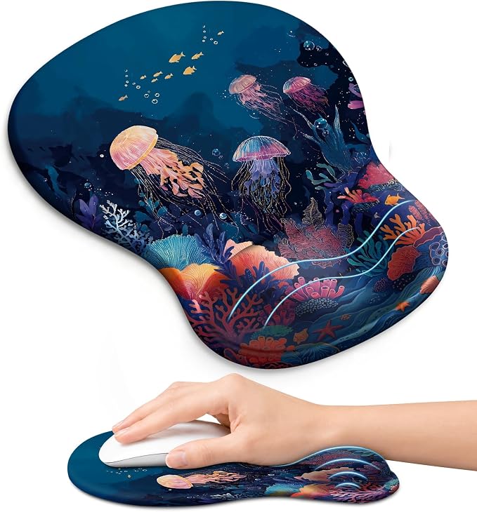 Ergonomic Mouse Pad with Wrist Rest, Gel Wrist Support, Jellyfish | 10.2 x 7.6 in Mouse Pad with Smooth Fabric Surface and Non-Slip Rubber Base for Office, Home, Study, and Gaming