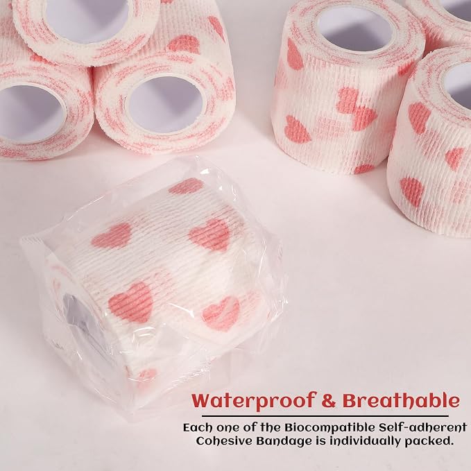 24 Rolls Elastic Self Adhesive Bandage Wrap 2 inch, Breathable Non Woven Cohesive Bandage, Vet Wrap for Dogs, Ankle Sprains Swelling Tape, Sports Athletic Tape (White Heart)