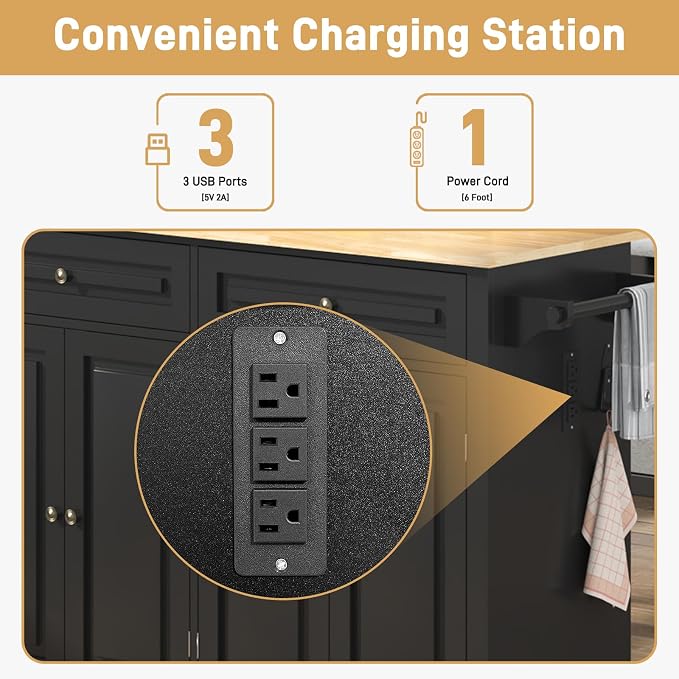 Hlivelood 55" Movable Kitchen Island with Drop Leaf and Power Outlet, Rolling Cart with Storage Cabinet, Island Table on Wheels for Kitchen with 2 Drawers, Spice Rack, Towel Bar, Garage Hook, Black