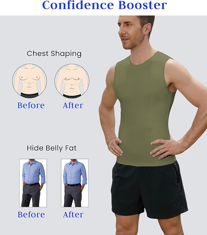 Compression Shirt Men Slimming Body Shaper Vest Crewneck Workout Tank Top | Tummy Control Undershirts, Gynecomastia Compression Shirts, Back Support, Sleeveless Muscle Shirts, Shaping Tank Top