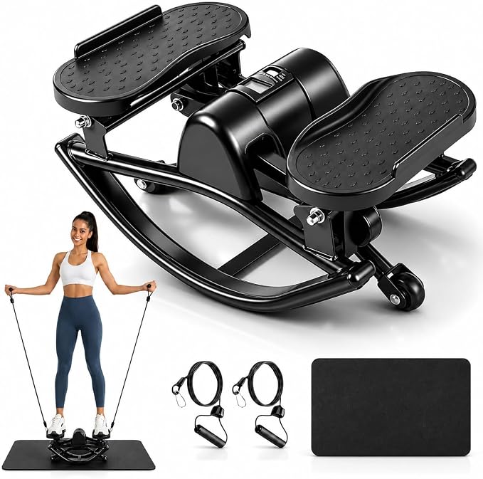 Rock Stepper Side to Side, Rocking Stepper for Exercise at Home with Resistance Bands & LCD Monitor, Low Impact Mini Stair Stepper, Anti-Slip Compact Home Workout Equipment, 250 LBS