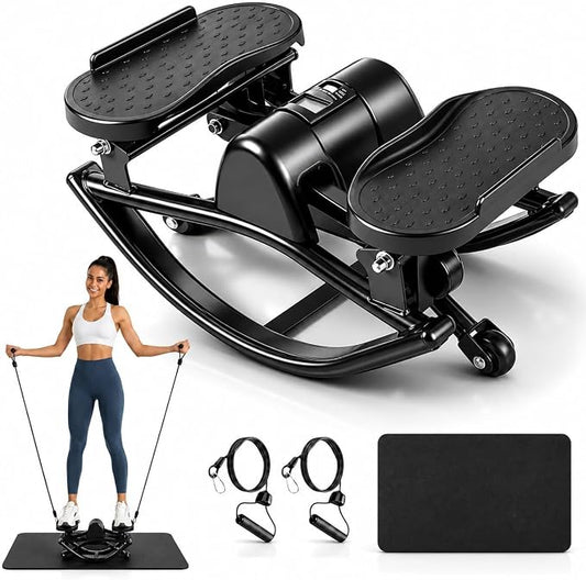 Rock Stepper Side to Side, Rocking Stepper for Exercise at Home with Resistance Bands & LCD Monitor, Low Impact Mini Stair Stepper, Anti-Slip Compact Home Workout Equipment, 250 LBS