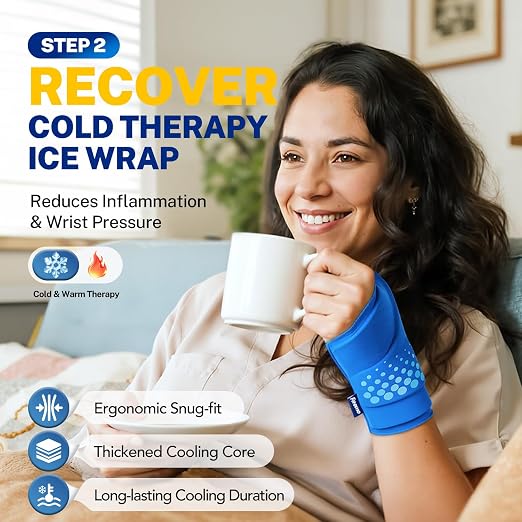 Carpal Tunnel Wrist Brace & Wrist Ice Pack Wrap Set, Wrist Recovery System | Wrist Pain & Swelling Relief, Moderate Wrist Support During Daily Activities, Reusable Cold & Hot Therapy, Reversible Fit