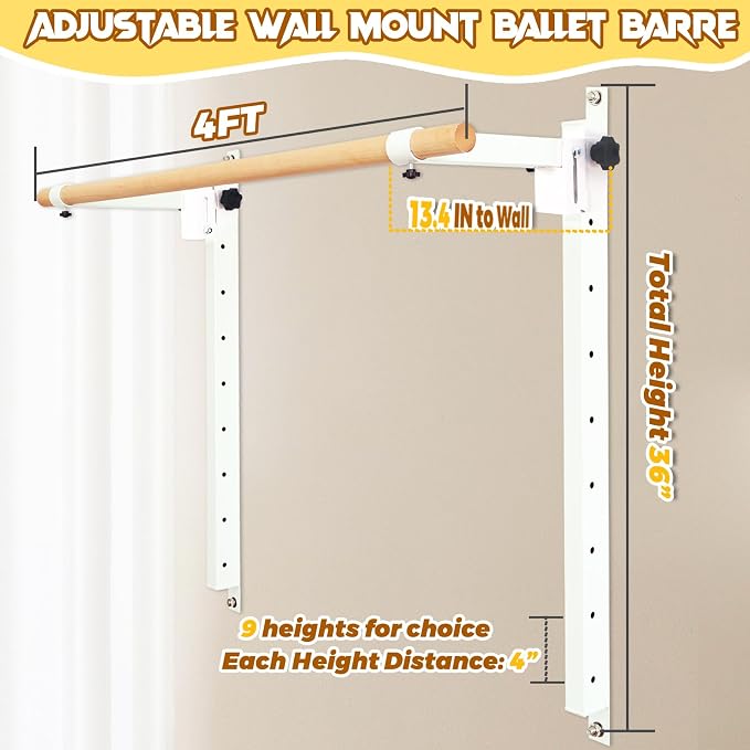Seliyoo Ballet Barre Wall Mount,Height Adjustable Dance Bar | 4 FT /5FT Portable Solid Beech Wood Bar,Ballet Stretching and Barre Workout, Kids and Adults, Easy Install