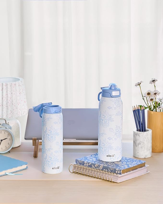 Ello Pop & Fill Insulated Stainless Steel Water Bottle with Quick Fill Lid, Leakproof Locking, Sip or Chug Spout, BPA-Free, Double Wall Vacuum Insulated for Sports, Travel & School- 22oz / 32oz / 40oz