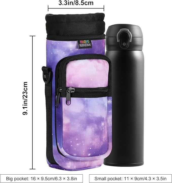 Nuovoware Water Bottle Carrier Bag, 25oz/32oz, StarrySky Purple | Adjustable Shoulder Hand Strap, 2 Pocket, Sling Neoprene Sleeve, Sports Water Bottle Accessories