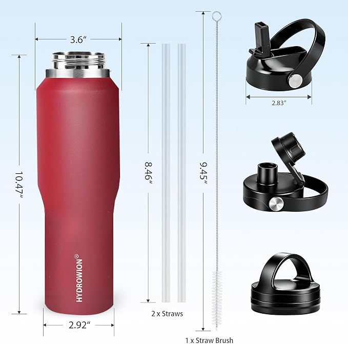 HYDROWION Water Bottle Stainless Steel,Vacuum Insulated Leak Proof Tumbler 32oz with Straw Lid, Spout Lid and Flex Cap(Cold for 48 Hrs, Hot for 24 Hrs), Fit in Any Car Cup Holder, Red