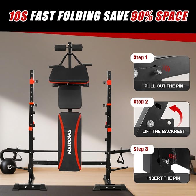 MAIDOMA Foldable Weight Bench with Rack - 8 IN 1 Bench Press Set, Leg Extension, Preacher Curl & Flat/Incline/Decline Full Body Olympic Workout Bench for Home Gym(42"IN WIDE GRIP)