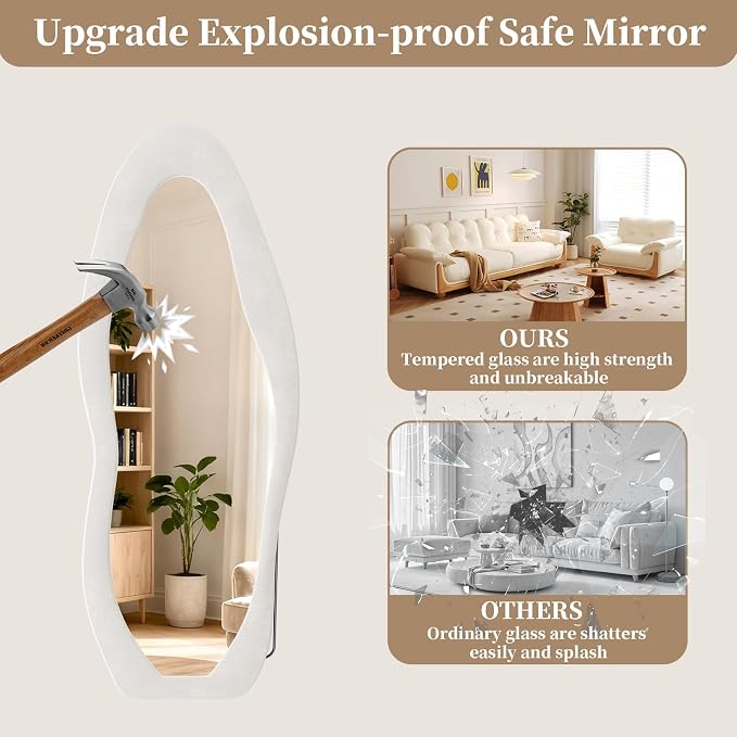 Full Length Mirror, 63"x24" Flannel Floor Mirrors with Stand | Irregular Wavy Mirror Full Body for Bedroom Living Room, Hanging or Leaning Wavy Wall Mirror, Tempered Glass, Beige