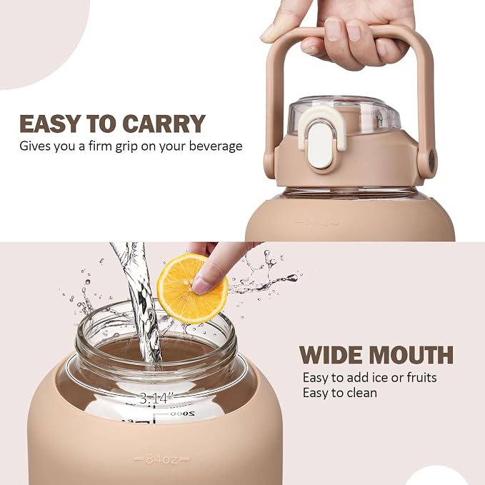 84oz Glass Water Bottle with Straw, 2.5 Liter Large Water Bottle with Silicone Sleeve and OZ Marker, Wide Mouth Gallon Glass Bottle with 2-in-1 Lid, Leakproof Water Jug for Gym Home, Amber