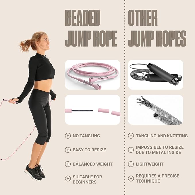 Sportbit Custom-Fit Beaded Jump Rope – Adjustable Length for Kids & Adults, Men & Women – Durable Fitness Rope for Gym & Home