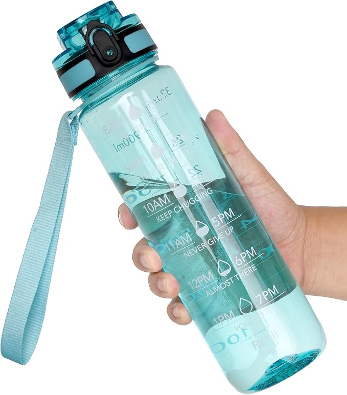 OLDLEY Water Bottle, 32oz Motivational Sports Water Bottle with Time Marker - Times to Drink - Tritan, BPA Free, Wide Mouth Leakproof,Surfer