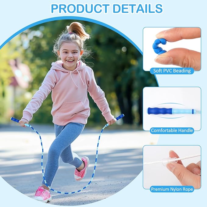 Jump Rope for Kids, Adjustable Jump Ropes for 4 5 6 7 8 10 12, Tangle Free | Jumping Rope Age 8-12, Segmented Soft Beaded Skipping Rope for Women Fitness