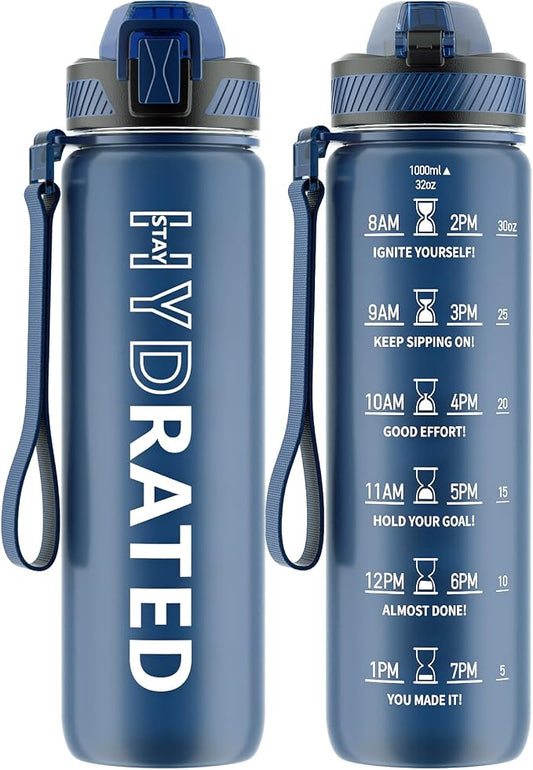QLUR Water Bottle with Straw, 32oz Motivational Water Bottles with Time Marker to Drink, Tritan BPA Free, 1L Sports Water Bottle with Carry Strap LeakProof for Women Gym Fitness Outdoor (1 Pack)
