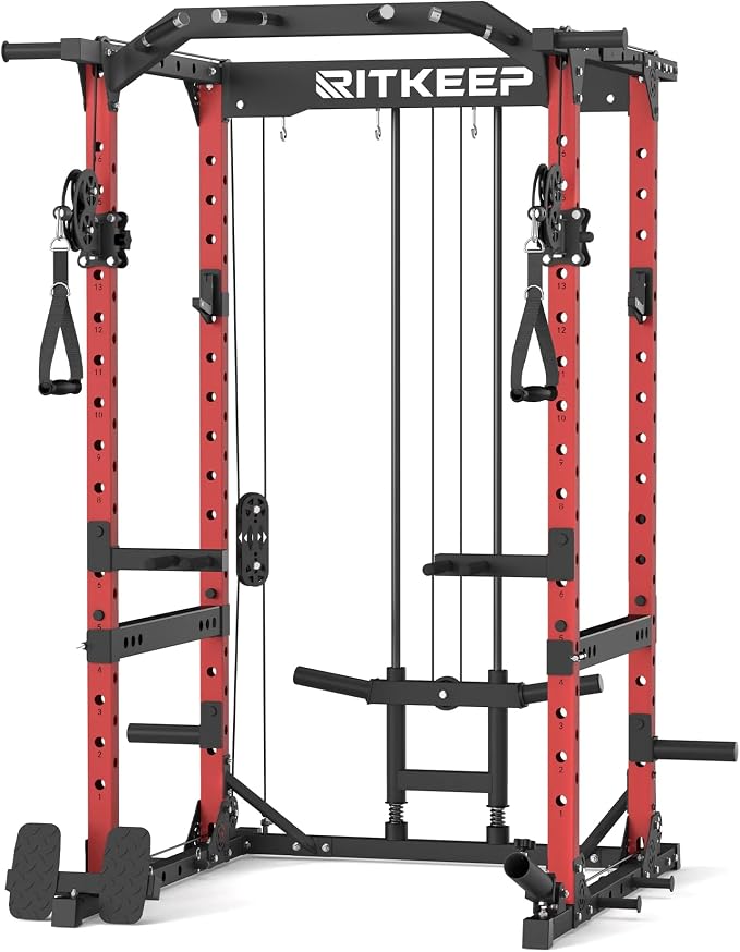 RitKeep Power Rack M10 with Pulley System & LAT Pull Down for Home Gym | Multi-Function Squat Rack with 1500LB Capacity, Pull-Up Bar & J-Hooks plus 11 Attachments for Strength Training