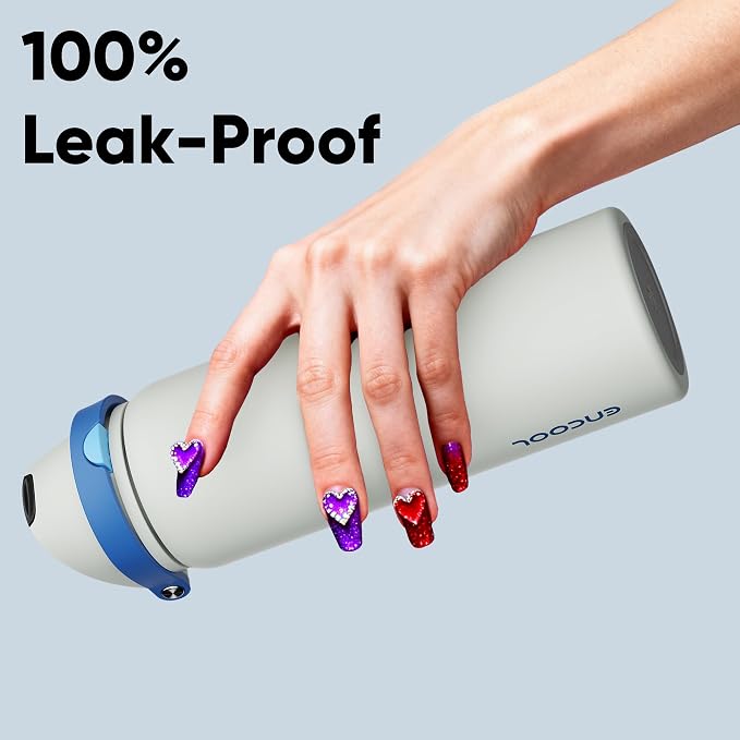 Insulated Water Bottle with Straw - Encool Stainless Steel Water Bottle with Push Button Lid, Leak-Proof & BPA-Free, Keeps Cold for 24 Hours for Sports, Travel, Gym (32 oz, Quill Grey-Blue)