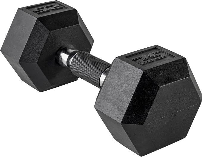 CAP Rubber Coated Dumbbell Weights, Free Weights for Home Gym Strength Training, Anti-Roll Hex Dumbbells with Black, Chrome & Comfort Grip Handles, Singles
