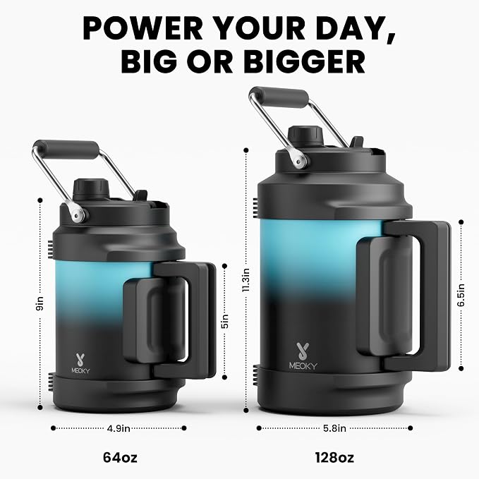 1 Gallon Insulated Water Bottle for Sports: Meoky 128 oz Triple Wall Vacuum Stainless Steel Water Jug - Top and Side Handles, Cold for 48 Hrs, 2-in-1 Straw and Spout Lid, Leak Proof for Hiking (Cyan)