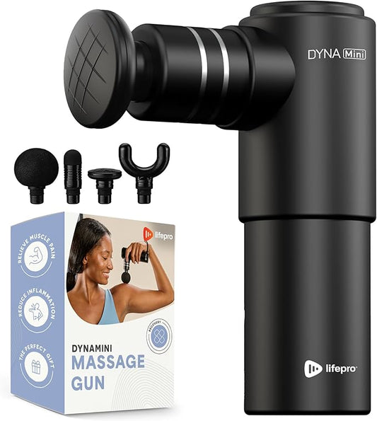 LifePro Dyna Mini Percussion Travel Massage Gun with 4 Speeds, USB-C & Case | 0.9 lbs, 5.6" Compact Frame (900–2,800 RPM) 15–45 Hz, 6mm Amplitude 45W, 40–45 dB Quiet, 4 Head Types, 5-Hr Battery Massager