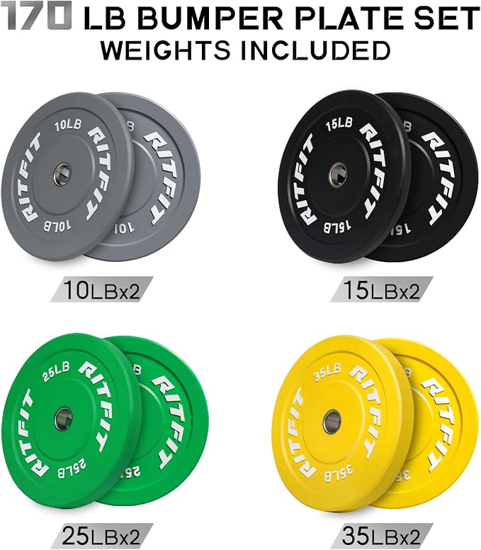 RitFit Color Coded Bumper Plate, Olympic Bumper Plate for Barbell, 2-Inch Bumper Weight Plates With Steel Insert, rubber weight plates for Strength Training in Home Gym