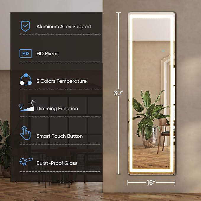 OLIXIS 16"x 60" Full Length Mirror with Lights, LED Body Mirror | with 3 Color Lighting, Wall Mounted Mirrors for Bedroom, Home, Entryway with Tempered Glass