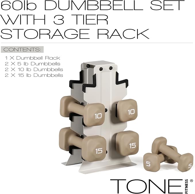 Tone Fitness Neoprene Dumbbell Set with Storage Rack – Non-Slip, Anti-Roll Hand Weights for Home Gym Workouts | 20 lb, 32 lb, 50 lb, 60 lb & 100 lb Options