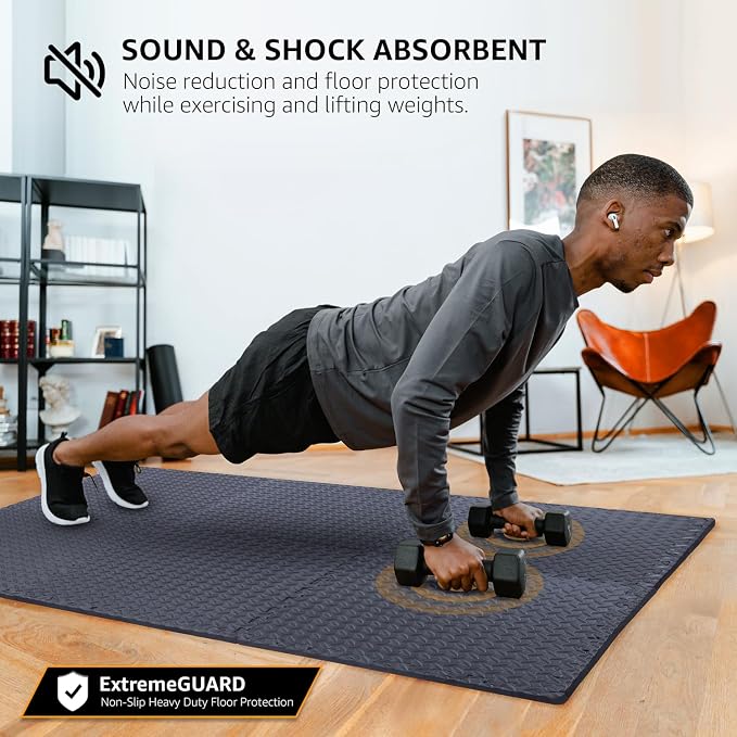 24 Pack, 96 SQFT - 24" x 24" - 1/2" Extra Thick Floor Exercise Mat for Home Gym or Floor Padding - High-Density EVA Interlocking Foam Floor Tiles for Gym Equipment, Play Area | Yoga, Cardio, Weights
