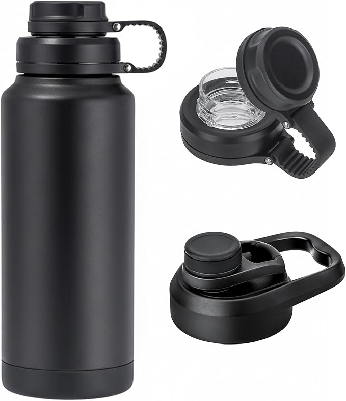 32 oz Metal Stainless Steel Insulated Water Bottle | Sports Black Water Bottle Leak Proof with Spout Lid & Handle Lids,Keep Cold for 24 Hrs Hot for 12 Hrs,For Gym,Men,