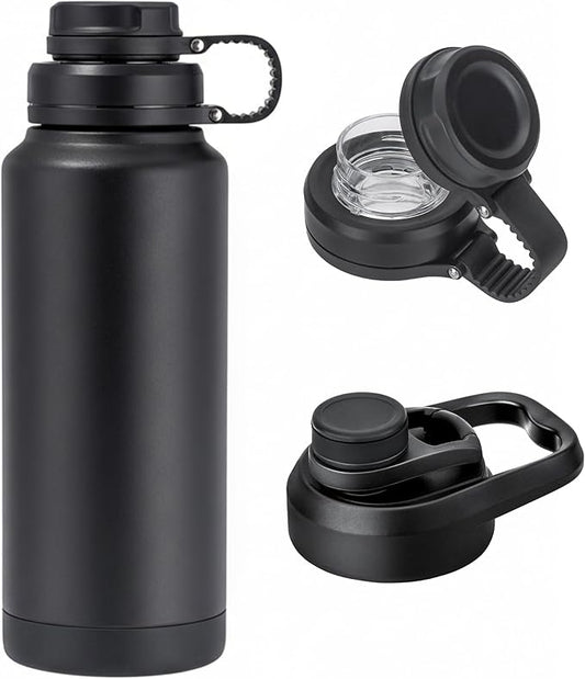32 oz Metal Stainless Steel Insulated Water Bottle | Sports Black Water Bottle Leak Proof with Spout Lid & Handle Lids,Keep Cold for 24 Hrs Hot for 12 Hrs,For Gym,Men,