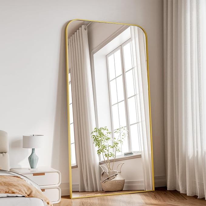 Koonmi Full Length Mirror, 76"x34" Mirror Full Length with Stand | Domed Top Square-Edged ShatterProof Floor Mirror with Gold Aluminum Alloy Frame for Bedroom Living Room Home Gym