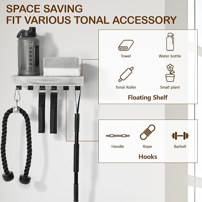 Tonal Accessory Shelf, Wall Mount Floating Shelf Organizer Fits Various Home Gym Accessories, Heavy Duty Space Saving Tonal Storage Rack with 6 T-Locks Clips Hooks Adapters Hanger, White