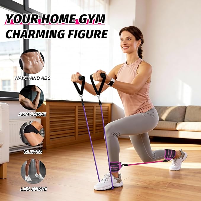 WHATAFIT Resistance Bands with Handles, 5-Level Exercise Bands for Workout | Natural latex,10-50 lbs, stackable to 150,Ankle Straps, Door Anchor,Guide. For Strength, Yoga,Home Gym,Travel & Workout.