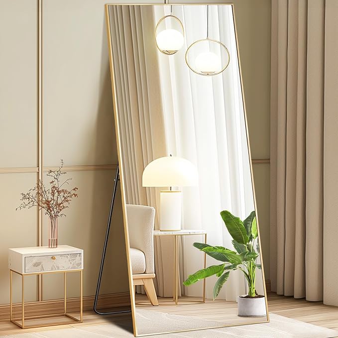 NEWBULIG 68"x26" Full Length Mirror, Full Body Standing Mirror, Gold | Leaning or Standing, Tempered Glass, Aluminum Alloy Thin Frame Floor Stand for Bedroom, Cloakroom