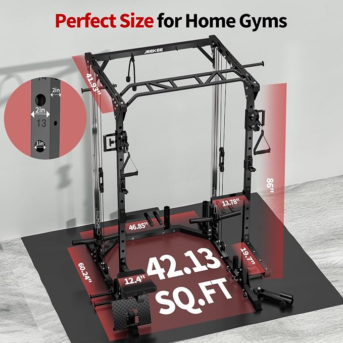 JEEKEE Power Cage with Cable Crossover System, 2000LB Multi-Function Power Rack with Independent Dual Pulleys, LAT Pulldown Seat Cushion, 20+ Attachments Squat Rack for Home Gym Workout,Black