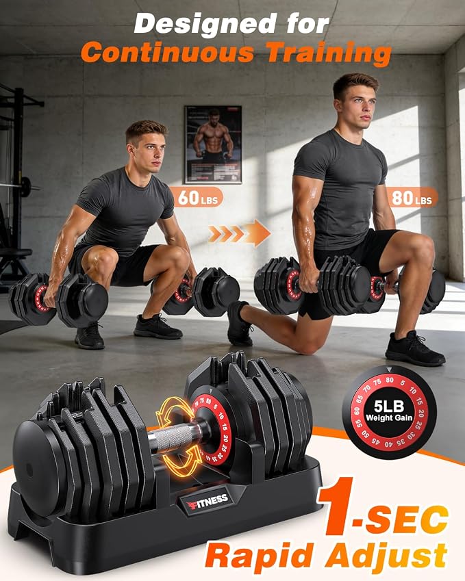 Rendpas Adjustable Dumbbell Set for Home Gym Strength Training | 25/55/80LB Pair, 10-in-1/16-in-1 Weight Set, 1-Sec Quick Adjust, Non-Slip Knurled Grip, Dual-Lock Safety, Space-Saving Tray