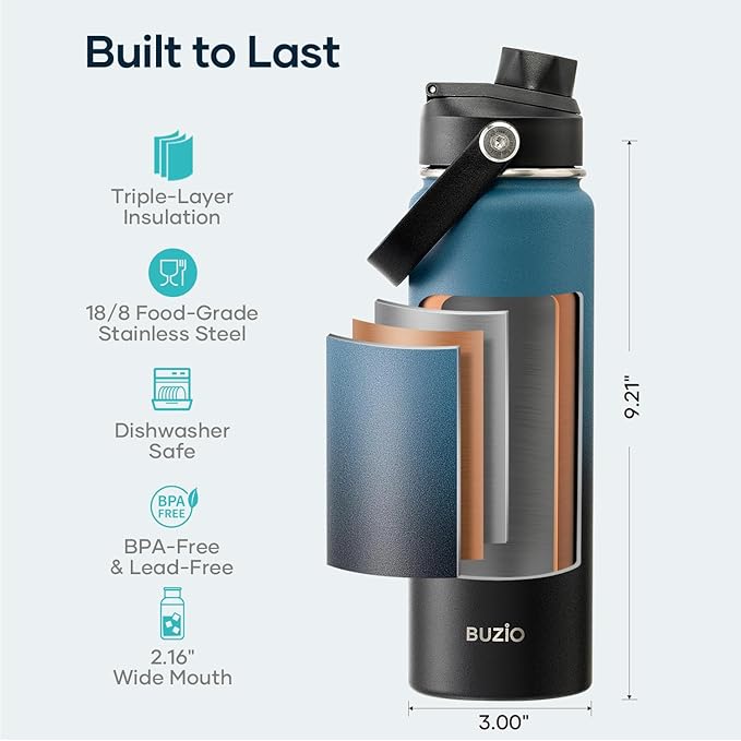 BUZIO 24 oz Insulated Stainless Steel Water Bottle with Straw & Spout Lids | Triple Wall Insulated Tumbler (Dishwasher Safe) ,Cold for 48 Hrs, Wide Mouth, Leakproof, BPA-free, for Sports, Gym, School