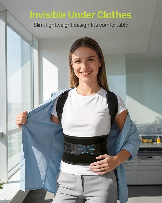 Rakiie Posture Corrector for Women Men, 4 Back Support Brace Bars, Adjustable Shoulder Straightener with Cushioned Pads for Hunchback, Round Shoulders, Back Pain Relief, Blue L
