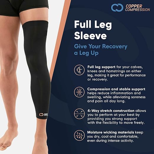 Copper Compression Leg Compression Sleeve - Copper Infused Knee Stabilizer Brace for Running, Meniscus Tear, ACL, MCL, Arthritis, Joint Pain Relief - Thigh & Calf Support for Men & Women - Black - XL 2 Pack