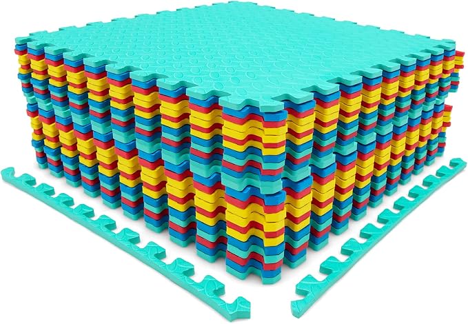 Tangkula 24 Tiles Exercise Flooring With Border, Non-Slip EVA Foam Protective Mats, Elastic Puzzle Play, 1/2" Interlocking Floor for Home Gym, Fitness Room, Workshop Equipment