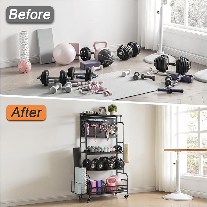 Lauren&Harold 56'' Taller Home Gym Storage Organizer with Hanging Board | Yoga Mat Storage Rack Exercise Workout Equipment Storage Stand with Hooks , Dumbbell Holder Kettlebell Rack with Wheels/Feets