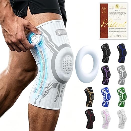 Kuangmi Knob Knee Brace for Pain Relief, Knee Support with Patella Gel Pad & Side Stabilizers, Compression Knee Sleeve for Workout, Arthritis, Joint Pain, Meniscus Tear (White,Right,Medium,Single)