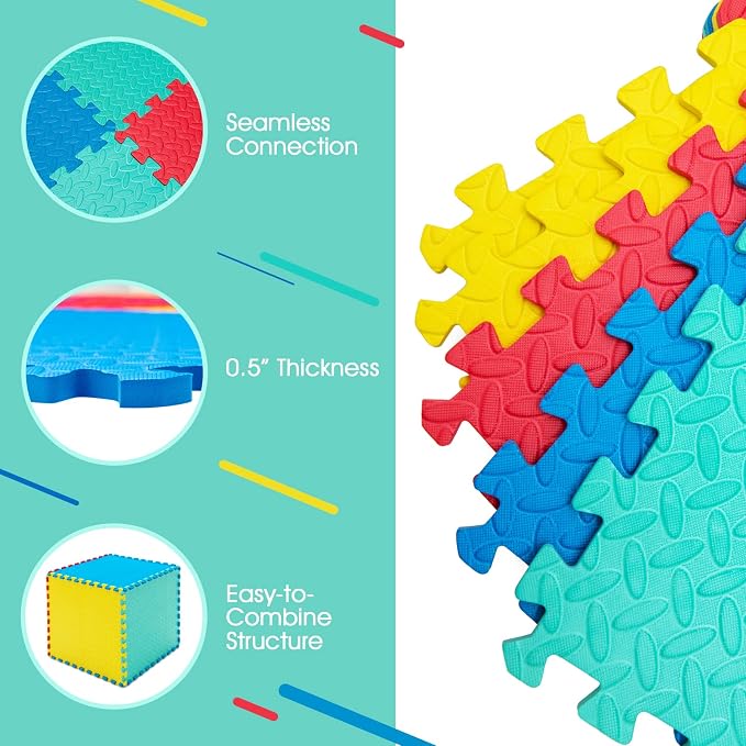 Tangkula 24 Tiles Exercise Flooring With Border, Non-Slip EVA Foam Protective Mats, Elastic Puzzle Play, 1/2" Interlocking Floor for Home Gym, Fitness Room, Workshop Equipment