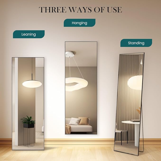 DUMOS 59"x16" Full Length Mirror, Full Body Mirror, Black | Aluminum Alloy Thin Frame, Leaning or Hanging, Suitable for Bedroom, Livingroom, Cloakroom