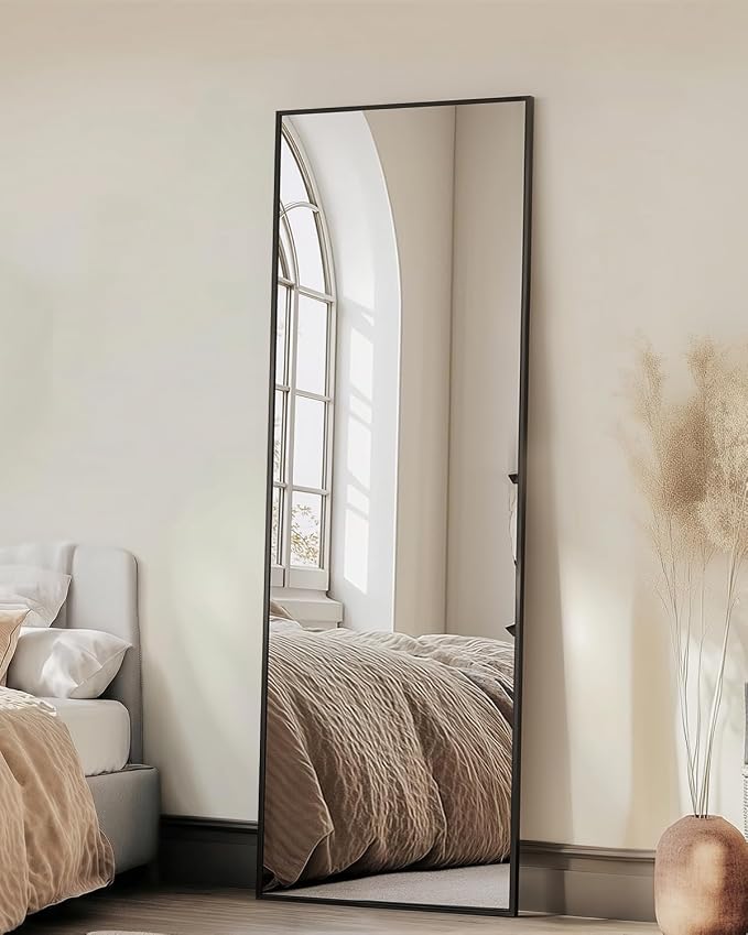 Full-Length Floor Mirror with Stand, 56"x14" Rectangle Style Full Body Standing Mirror for Bedroom, Living Room, Gym, Dorm - Shatter-Resistant & Easy Assembly, Black