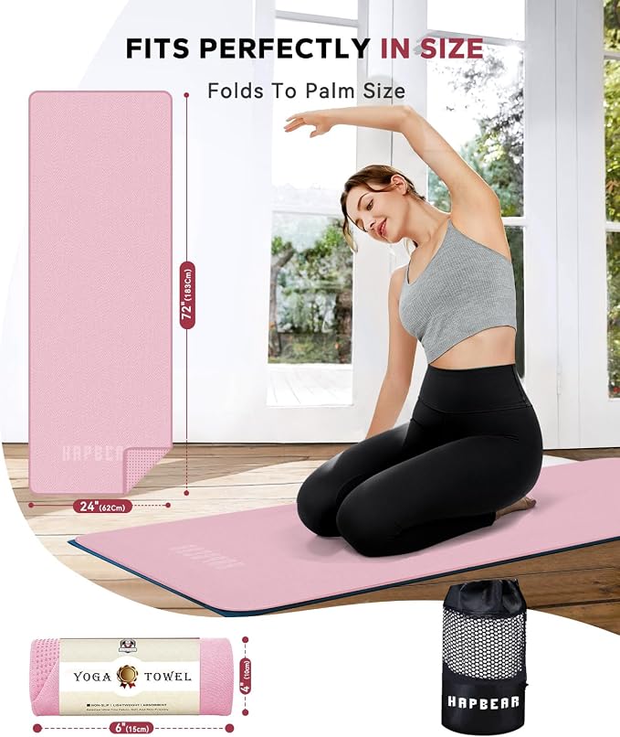 HAPBEAR Non Slip Yoga Mat Towel with Grip Dots, 72" x 24" Hot Yoga Towel - Super Absorbent Microfiber Yoga Towel for Hot Yoga, Bikram, Pilates and Gym Workout - Pink