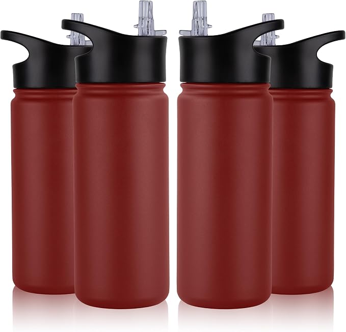 16 oz Insulated Water Bottle Bulk 4 Pack, Straw & Spout Lid, Keep Cold 24H, Spill Proof, BPA-Free, Double Wall, Stainless Steel Kids Water Bottles for School, Sports, Red