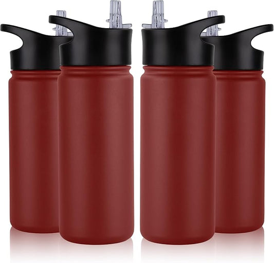16 oz Insulated Water Bottle Bulk 4 Pack, Straw & Spout Lid, Keep Cold 24H, Spill Proof, BPA-Free, Double Wall, Stainless Steel Kids Water Bottles for School, Sports, Red