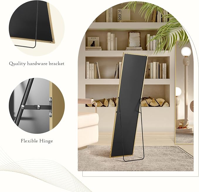 NEWBULIG 59"x16" Full Length Mirror, Full Body Standing Mirror, Gold | Leaning or Standing, Tempered Glass, Aluminum Alloy Thin Frame Floor Stand for Bedroom, Cloakroom
